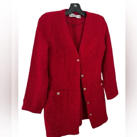 ZARA Textured Weave Blazer Dress Burgundy Red Gold Size S - Picture 9 of 16